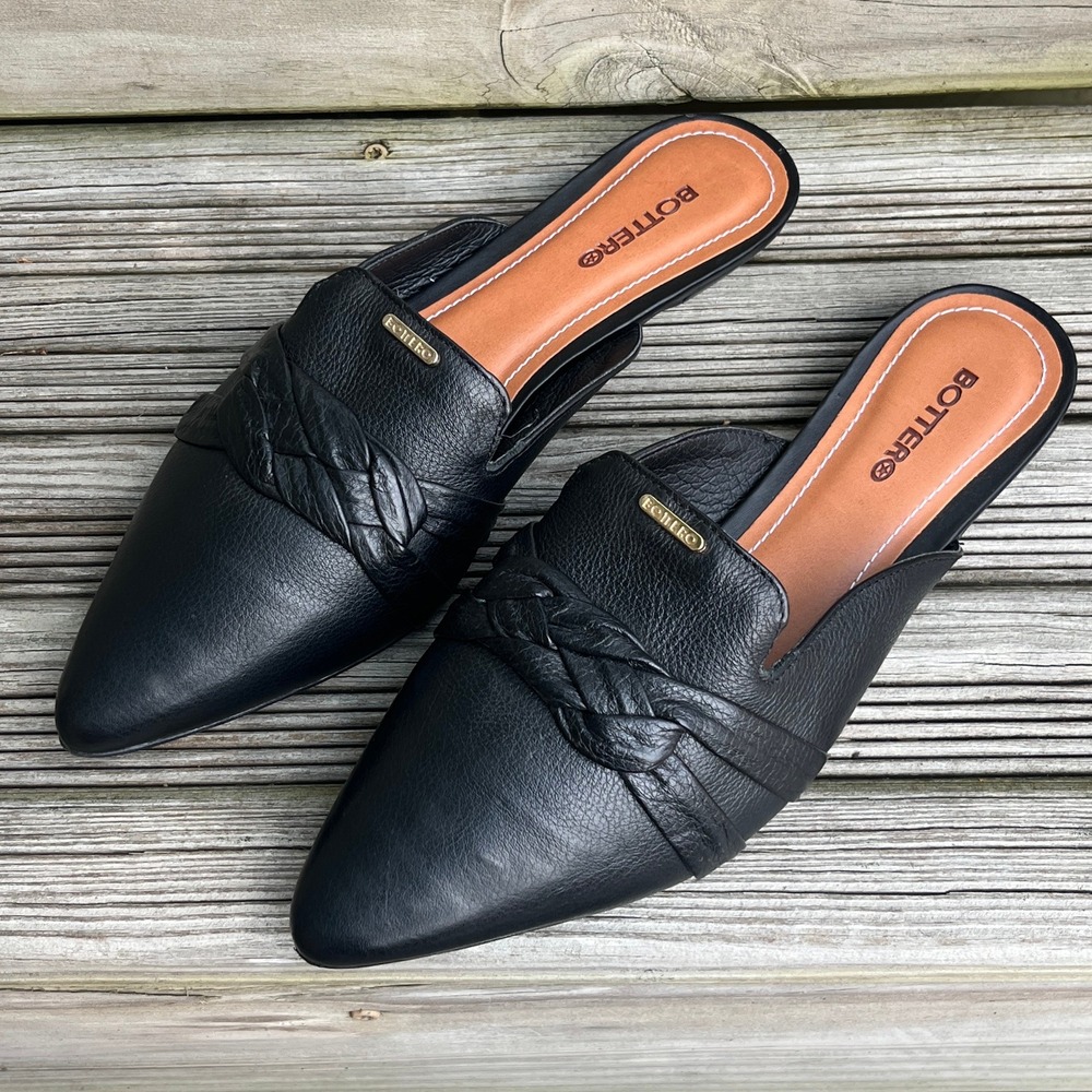 Bottero Mules Women 10 Black Leather Braided Pointed Toe Flat Slides Luxe